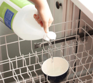 Vinegar in store dishwasher with dishes