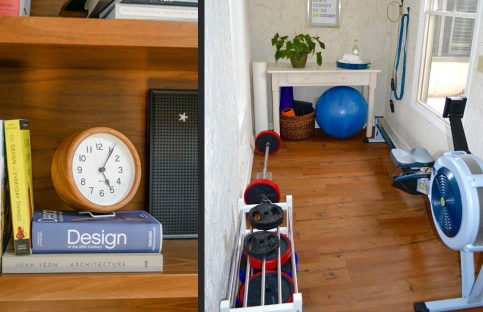 left image is a clock on a shelf with books and right image is a small space with weights and a gym ball